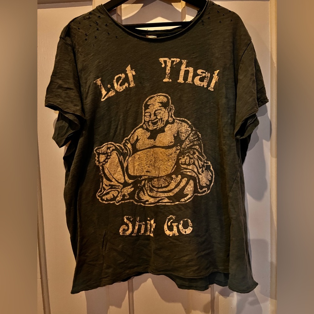 Rare Magnolia Pearl Buddha Let That Sh*t Go black tee shirt top VGC